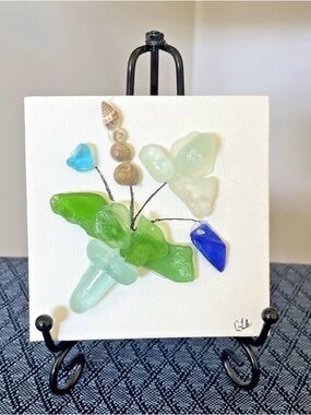 Handmade Sea Glass Floral Art in Green & Blue by